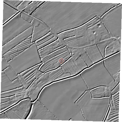 Shaded relief map of the ground around LN117JX, computed from Environment Agency LiDAR. The ground here sits at about 2 m above sea level and falls 3 m across the surrounding 800 m. Surface water reaching this point runs off ground lying to the south-east, 1.9 m higher.