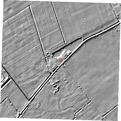 Shaded relief map of the ground around LN117JZ, computed from Environment Agency LiDAR. The ground here sits at about 2 m above sea level and falls 4 m across the surrounding 800 m. Surface water reaching this point runs off ground lying to the south-south-west, 0.6 m higher.