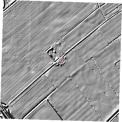 Shaded relief map of the ground around LN117LA, computed from Environment Agency LiDAR. The ground here sits at about 3 m above sea level and falls 5 m across the surrounding 800 m. Surface water reaching this point runs off ground lying to the west-south-west, 0.9 m higher.