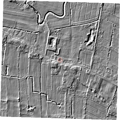 Shaded relief map of the ground around LN117LJ, computed from Environment Agency LiDAR. The ground here sits at about 3 m above sea level and falls 4 m across the surrounding 800 m. Surface water reaching this point runs off ground lying to the south-west, 2.1 m higher.