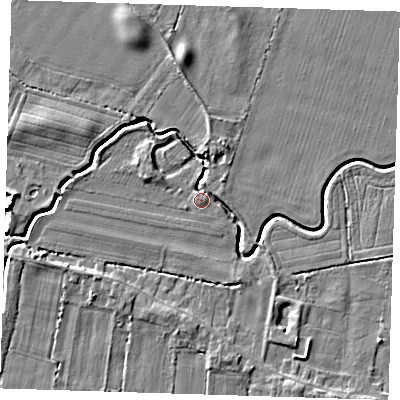 Shaded relief map of the ground around LN117LL, computed from Environment Agency LiDAR. The ground here sits at about 4 m above sea level and falls 4 m across the surrounding 800 m. Surface water reaching this point runs off ground lying to the north, 3.1 m higher.