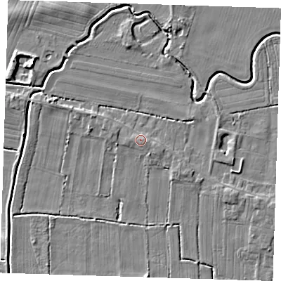Shaded relief map of the ground around LN117LN, computed from Environment Agency LiDAR. The ground here sits at about 4 m above sea level and falls 5 m across the surrounding 800 m. Surface water reaching this point runs off ground lying to the east-north-east, 1.4 m higher.