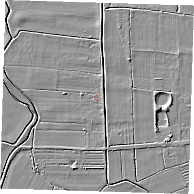 Shaded relief map of the ground around LN117LP, computed from Environment Agency LiDAR. The ground here sits at about 3 m above sea level and falls 5 m across the surrounding 800 m. Surface water reaching this point runs off ground lying to the north-east, 1.3 m higher.