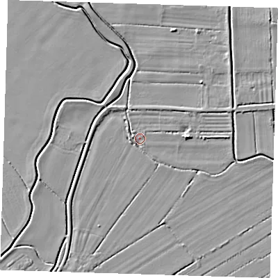 Shaded relief map of the ground around LN117LR, computed from Environment Agency LiDAR. The ground here sits at about 2 m above sea level and falls 4 m across the surrounding 800 m. Surface water reaching this point runs off ground lying to the east, 3.4 m higher.