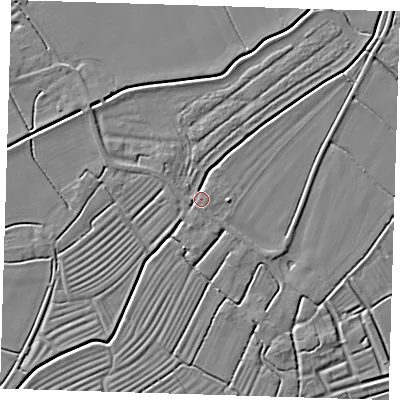 Shaded relief map of the ground around LN117LS, computed from Environment Agency LiDAR. The ground here sits at about 3 m above sea level and falls 3 m across the surrounding 800 m. Surface water reaching this point runs off ground lying to the north-west, 3.0 m higher.