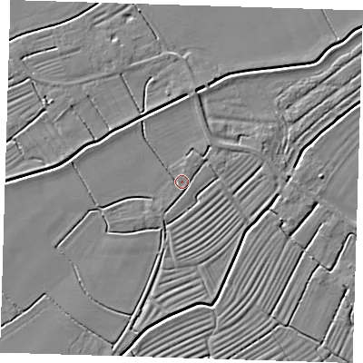 Shaded relief map of the ground around LN117LU, computed from Environment Agency LiDAR. The ground here sits at about 3 m above sea level and falls 3 m across the surrounding 800 m. Surface water reaching this point runs off ground lying to the north-north-east, 1.6 m higher.