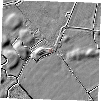 Shaded relief map of the ground around LN117LW, computed from Environment Agency LiDAR. The ground here sits at about 4 m above sea level and falls 5 m across the surrounding 800 m. Surface water reaching this point runs off ground lying to the west, 1.8 m higher.