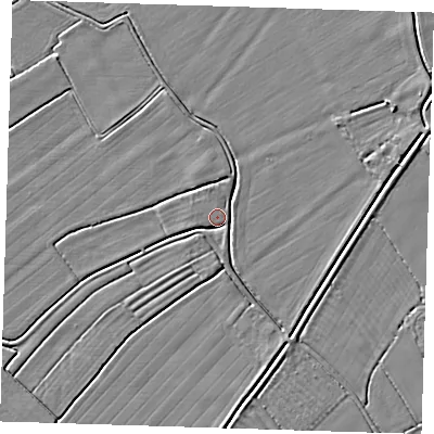 Shaded relief map of the ground around LN117LZ, computed from Environment Agency LiDAR. The ground here sits at about 2 m above sea level and falls 3 m across the surrounding 800 m. Surface water reaching this point runs off ground lying to the south-south-east, 2.2 m higher.