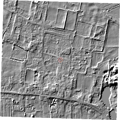 Shaded relief map of the ground around LN117NH, computed from Environment Agency LiDAR. The ground here sits at about 4 m above sea level and falls 6 m across the surrounding 800 m. The ground contributing surface water to this point lies to the south-east.
