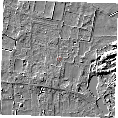 Shaded relief map of the ground around LN117NJ, computed from Environment Agency LiDAR. The ground here sits at about 4 m above sea level and falls 8 m across the surrounding 800 m. Surface water reaching this point runs off ground lying to the south, 1.5 m higher.