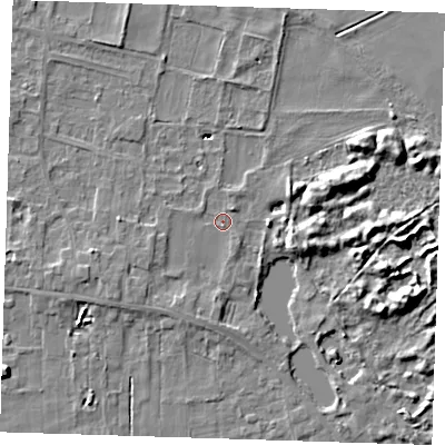 Shaded relief map of the ground around LN117NL, computed from Environment Agency LiDAR. The ground here sits at about 4 m above sea level and falls 8 m across the surrounding 800 m. Surface water reaching this point runs off ground lying to the west-south-west, 2.0 m higher.