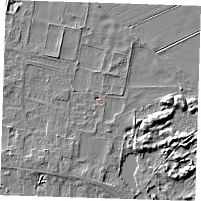 Shaded relief map of the ground around LN117NN, computed from Environment Agency LiDAR. The ground here sits at about 4 m above sea level and falls 8 m across the surrounding 800 m. Surface water reaching this point runs off ground lying to the south-west, 4.7 m higher.