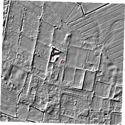 Shaded relief map of the ground around LN117NP, computed from Environment Agency LiDAR. The ground here sits at about 4 m above sea level and falls 5 m across the surrounding 800 m. Surface water reaching this point runs off ground lying to the west-north-west, 3.0 m higher.