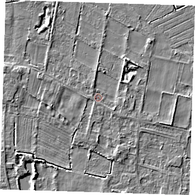 Shaded relief map of the ground around LN117NR, computed from Environment Agency LiDAR. The ground here sits at about 4 m above sea level and falls 5 m across the surrounding 800 m. Surface water reaching this point runs off ground lying to the north-east, 1.7 m higher.