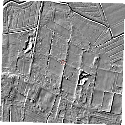 Shaded relief map of the ground around LN117NS, computed from Environment Agency LiDAR. The ground here sits at about 4 m above sea level and falls 5 m across the surrounding 800 m. Surface water reaching this point runs off ground lying to the south, 1.4 m higher.
