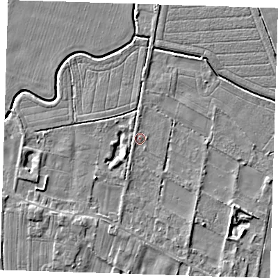 Shaded relief map of the ground around LN117NT, computed from Environment Agency LiDAR. The ground here sits at about 4 m above sea level and falls 5 m across the surrounding 800 m. Surface water reaching this point runs off ground lying to the south-south-west, 2.0 m higher.