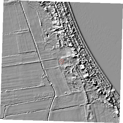 Shaded relief map of the ground around LN117PA, computed from Environment Agency LiDAR. The ground here sits at about 4 m above sea level and falls 10 m across the surrounding 800 m. Surface water reaching this point runs off ground lying to the east-north-east, 5.5 m higher.