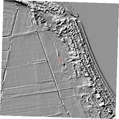 Shaded relief map of the ground around LN117PB, computed from Environment Agency LiDAR. The ground here sits at about 4 m above sea level and falls 10 m across the surrounding 800 m. Surface water reaching this point runs off ground lying to the north-north-west, 1.6 m higher.