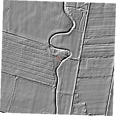 Shaded relief map of the ground around LN117PD, computed from Environment Agency LiDAR. The ground here sits at about 3 m above sea level and falls 3 m across the surrounding 800 m. Surface water reaching this point runs off ground lying to the west-north-west, 1.0 m higher.