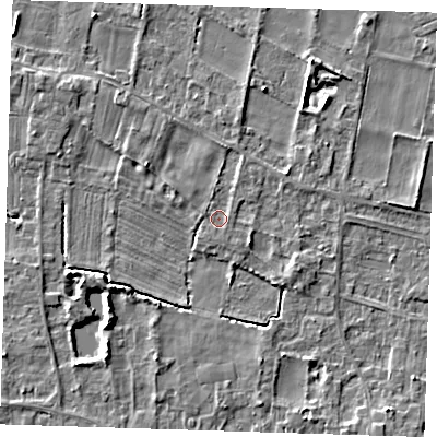 Shaded relief map of the ground around LN117PE, computed from Environment Agency LiDAR. The ground here sits at about 4 m above sea level and falls 5 m across the surrounding 800 m. Surface water reaching this point runs off ground lying to the west-north-west, 0.8 m higher.