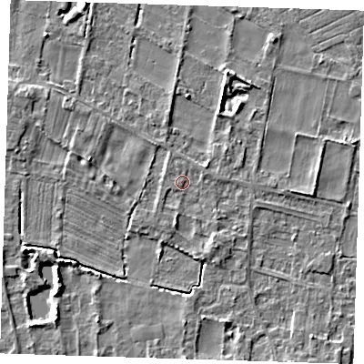 Shaded relief map of the ground around LN117PF, computed from Environment Agency LiDAR. The ground here sits at about 4 m above sea level and falls 5 m across the surrounding 800 m. Surface water reaching this point runs off ground lying to the south, 1.2 m higher.