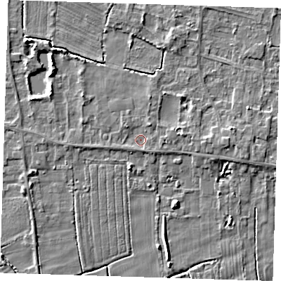 Shaded relief map of the ground around LN117PL, computed from Environment Agency LiDAR. The ground here sits at about 4 m above sea level and falls 5 m across the surrounding 800 m. Surface water reaching this point runs off ground lying to the north-north-east, 1.6 m higher.