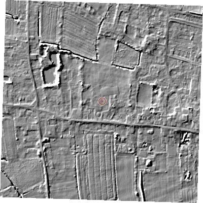 Shaded relief map of the ground around LN117PN, computed from Environment Agency LiDAR. The ground here sits at about 4 m above sea level and falls 5 m across the surrounding 800 m. Surface water reaching this point runs off ground lying to the east, 0.5 m higher.