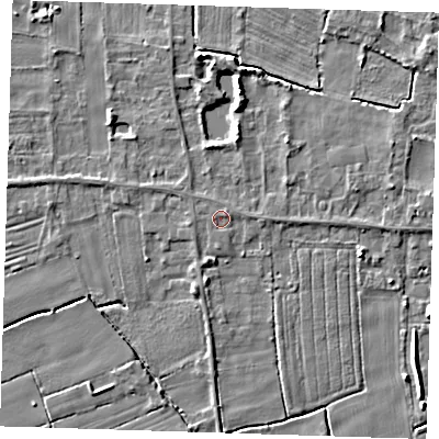 Shaded relief map of the ground around LN117PR, computed from Environment Agency LiDAR. The ground here sits at about 3 m above sea level and falls 5 m across the surrounding 800 m. Surface water reaching this point runs off ground lying to the east-north-east, 0.7 m higher.