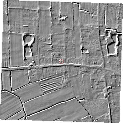 Shaded relief map of the ground around LN117PS, computed from Environment Agency LiDAR. The ground here sits at about 3 m above sea level and falls 6 m across the surrounding 800 m. Surface water reaching this point runs off ground lying to the north-east, 2.3 m higher.