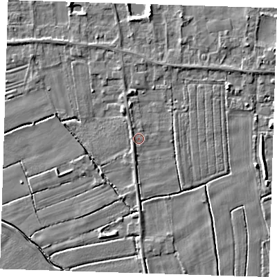 Shaded relief map of the ground around LN117PT, computed from Environment Agency LiDAR. The ground here sits at about 3 m above sea level and falls 5 m across the surrounding 800 m. Surface water reaching this point runs off ground lying to the north-west, 0.8 m higher.