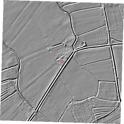 Shaded relief map of the ground around LN117PU, computed from Environment Agency LiDAR. The ground here sits at about 3 m above sea level and falls 3 m across the surrounding 800 m. Surface water reaching this point runs off ground lying to the east-north-east, 0.7 m higher.