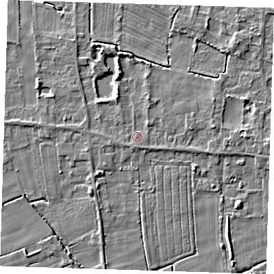 Shaded relief map of the ground around LN117PW, computed from Environment Agency LiDAR. The ground here sits at about 4 m above sea level and falls 5 m across the surrounding 800 m. Surface water reaching this point runs off ground lying to the east, 1.8 m higher.