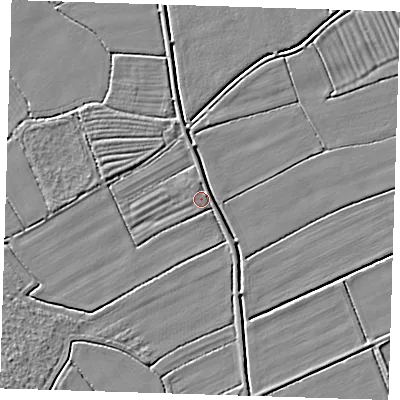 Shaded relief map of the ground around LN117PX, computed from Environment Agency LiDAR. The ground here sits at about 2 m above sea level and falls 3 m across the surrounding 800 m. Surface water reaching this point runs off ground lying to the north-north-west, 2.0 m higher.