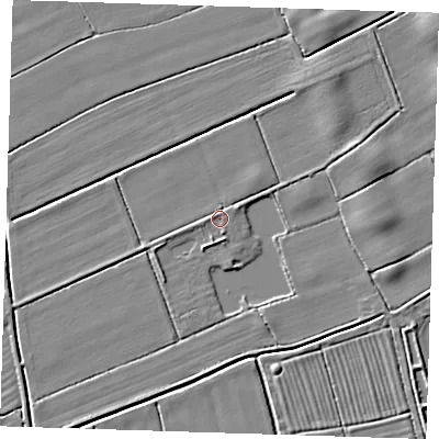 Shaded relief map of the ground around LN117PY, computed from Environment Agency LiDAR. The ground here sits at about 2 m above sea level and falls 4 m across the surrounding 800 m. Surface water reaching this point runs off ground lying to the north-east, 2.8 m higher.