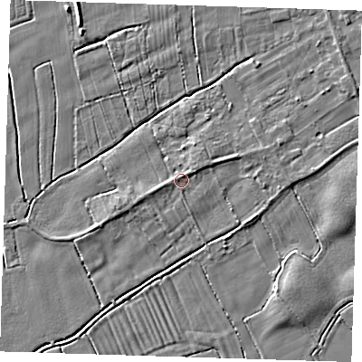 Shaded relief map of the ground around LN117PZ, computed from Environment Agency LiDAR. The ground here sits at about 3 m above sea level and falls 4 m across the surrounding 800 m. Surface water reaching this point runs off ground lying to the north-west, 0.9 m higher.