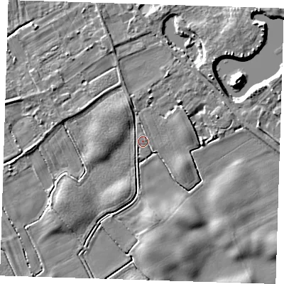 Shaded relief map of the ground around LN117QA, computed from Environment Agency LiDAR. The ground here sits at about 3 m above sea level and falls 6 m across the surrounding 800 m. Surface water reaching this point runs off ground lying to the north, 1.7 m higher.