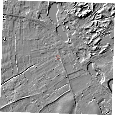 Shaded relief map of the ground around LN117QB, computed from Environment Agency LiDAR. The ground here sits at about 3 m above sea level and falls 8 m across the surrounding 800 m. Surface water reaching this point runs off ground lying to the east, 0.6 m higher.
