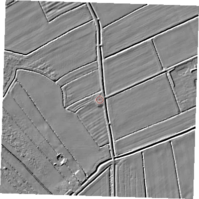 Shaded relief map of the ground around LN117QD, computed from Environment Agency LiDAR. The ground here sits at about 2 m above sea level and falls 3 m across the surrounding 800 m. Surface water reaching this point runs off ground lying to the south-south-east, 1.9 m higher.
