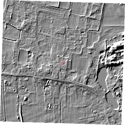 Shaded relief map of the ground around LN117QG, computed from Environment Agency LiDAR. The ground here sits at about 5 m above sea level and falls 8 m across the surrounding 800 m. Surface water reaching this point runs off ground lying to the east-north-east, 0.8 m higher.