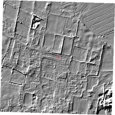 Shaded relief map of the ground around LN117QH, computed from Environment Agency LiDAR. The ground here sits at about 4 m above sea level and falls 6 m across the surrounding 800 m. Surface water reaching this point runs off ground lying to the south, 2.5 m higher.