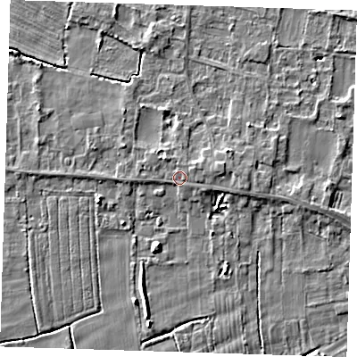 Shaded relief map of the ground around LN117QN, computed from Environment Agency LiDAR. The ground here sits at about 4 m above sea level and falls 5 m across the surrounding 800 m. Surface water reaching this point runs off ground lying to the east, 1.5 m higher.