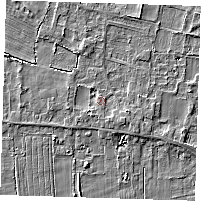 Shaded relief map of the ground around LN117QP, computed from Environment Agency LiDAR. The ground here sits at about 4 m above sea level and falls 5 m across the surrounding 800 m. Surface water reaching this point runs off ground lying to the south-east, 1.9 m higher.