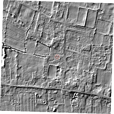 Shaded relief map of the ground around LN117QR, computed from Environment Agency LiDAR. The ground here sits at about 4 m above sea level and falls 5 m across the surrounding 800 m. Surface water reaching this point runs off ground lying to the south-south-east, 2.1 m higher.