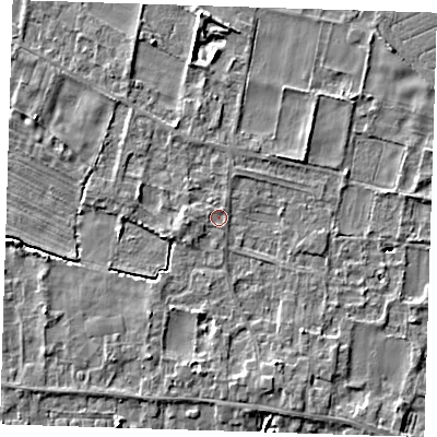 Shaded relief map of the ground around LN117QS, computed from Environment Agency LiDAR. The ground here sits at about 4 m above sea level and falls 5 m across the surrounding 800 m. Surface water reaching this point runs off ground lying to the west, 1.6 m higher.