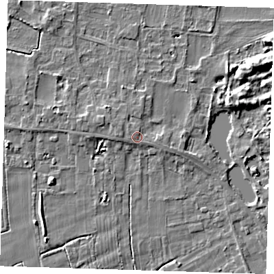 Shaded relief map of the ground around LN117QT, computed from Environment Agency LiDAR. The ground here sits at about 5 m above sea level and falls 8 m across the surrounding 800 m. Surface water reaching this point runs off ground lying to the north-west, 1.1 m higher.