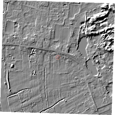 Shaded relief map of the ground around LN117QU, computed from Environment Agency LiDAR. The ground here sits at about 4 m above sea level and falls 8 m across the surrounding 800 m. Surface water reaching this point runs off ground lying to the north-north-east, 1.5 m higher.
