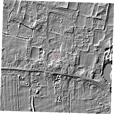 Shaded relief map of the ground around LN117QW, computed from Environment Agency LiDAR. The ground here sits at about 4 m above sea level and falls 6 m across the surrounding 800 m. Surface water reaching this point runs off ground lying to the south-south-east, 2.0 m higher.