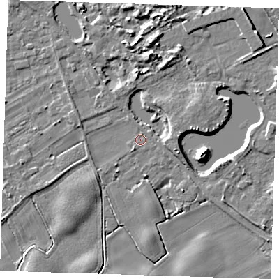 Shaded relief map of the ground around LN117QZ, computed from Environment Agency LiDAR. The ground here sits at about 3 m above sea level and falls 6 m across the surrounding 800 m. Surface water reaching this point runs off ground lying to the east-south-east, 0.9 m higher.