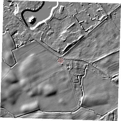 Shaded relief map of the ground around LN117RA, computed from Environment Agency LiDAR. The ground here sits at about 4 m above sea level and falls 6 m across the surrounding 800 m. Surface water reaching this point runs off ground lying to the east-south-east, 1.3 m higher.