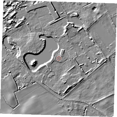 Shaded relief map of the ground around LN117RB, computed from Environment Agency LiDAR. The ground here sits at about 4 m above sea level and falls 6 m across the surrounding 800 m. Surface water reaching this point runs off ground lying to the south-west, 1.6 m higher.